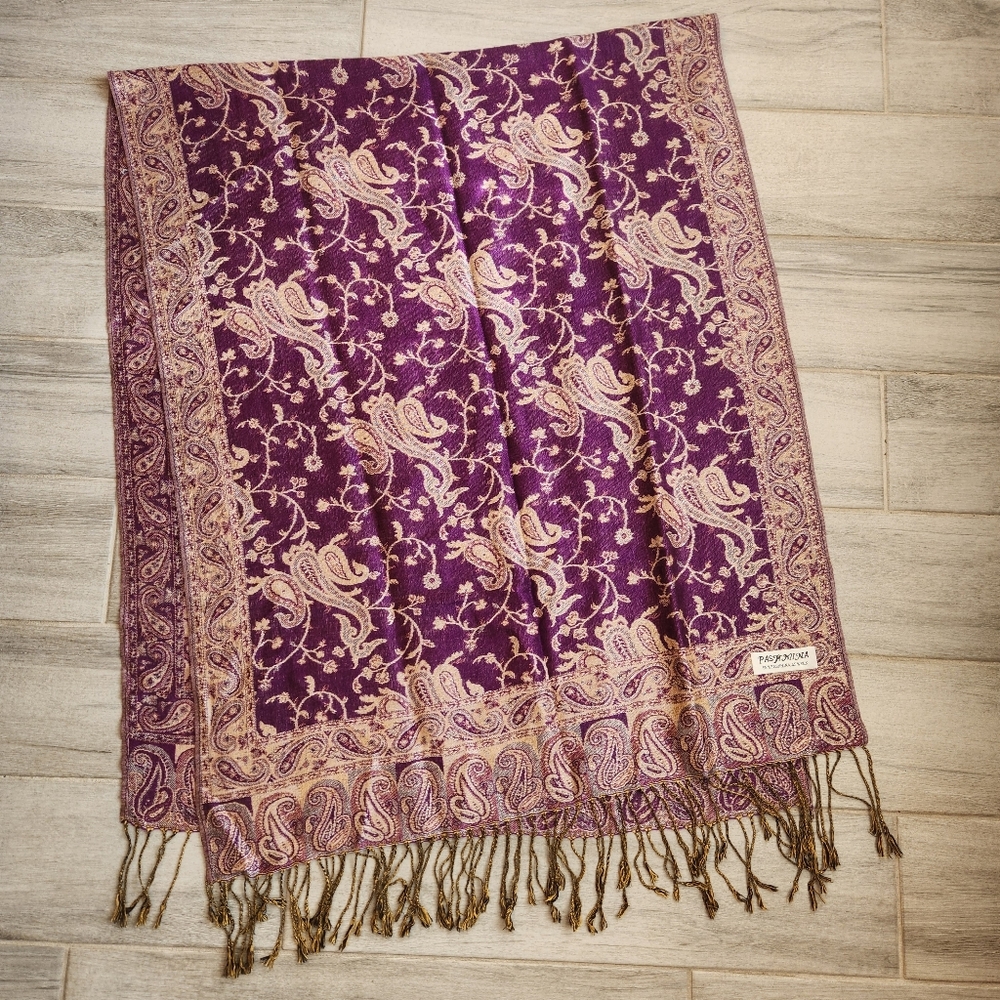 Pashmina Silk Scarf Women's Purple Paisley Wrap Fringe Shawl Reversible Bohochic